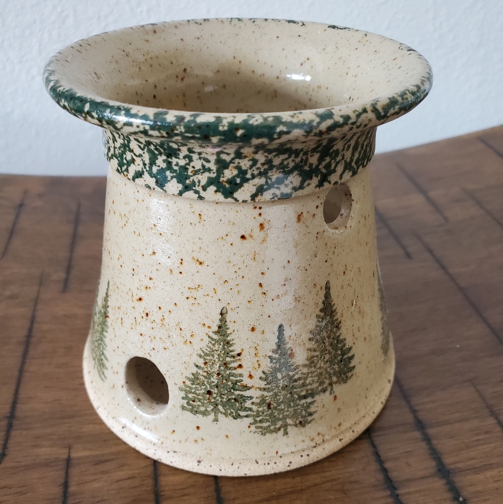 Three Rivers Pottery Spongeware Pine Tree Candle Holder Base 1994 Vintage